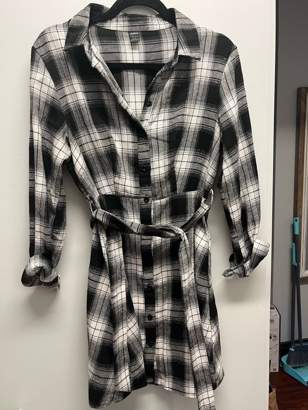 SHEIN Black & White Plaid Shirt Dress